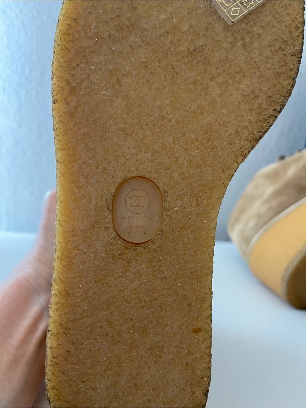 CHANEL Tan Suede Wedge Ankle Booties with Gold Logo